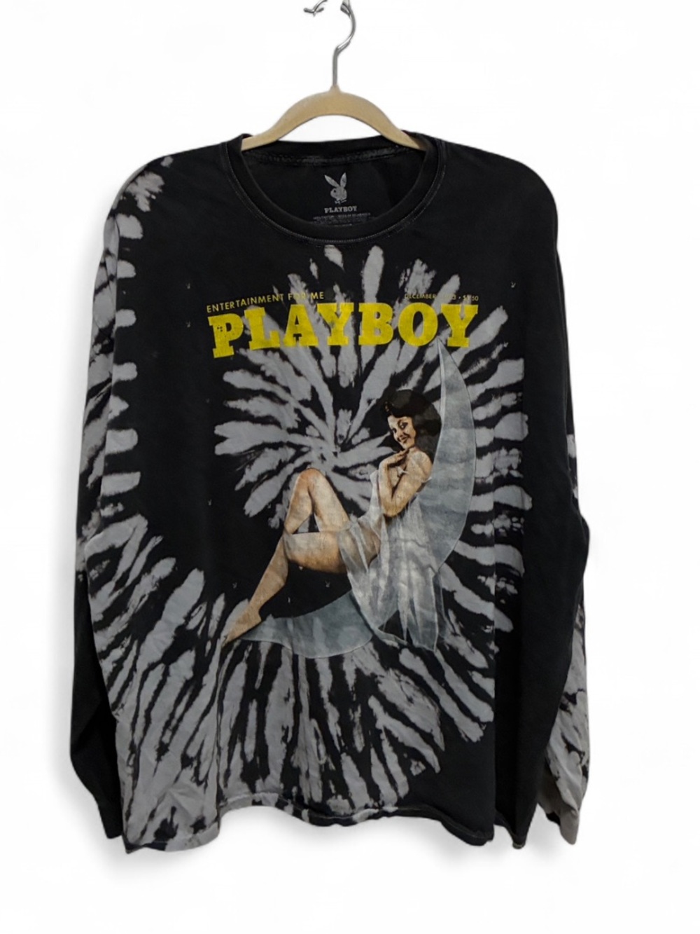 PLAYBOY Black & Gray Tie-Dye Pin Up Girl Long Sleeve Tee Shirt